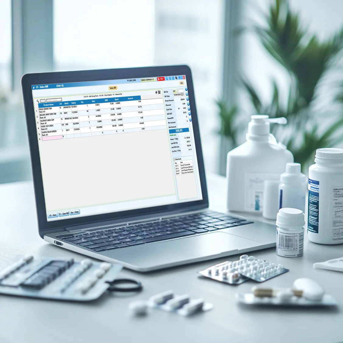 Retail billing software screen shown with a pharmacy shop in the background